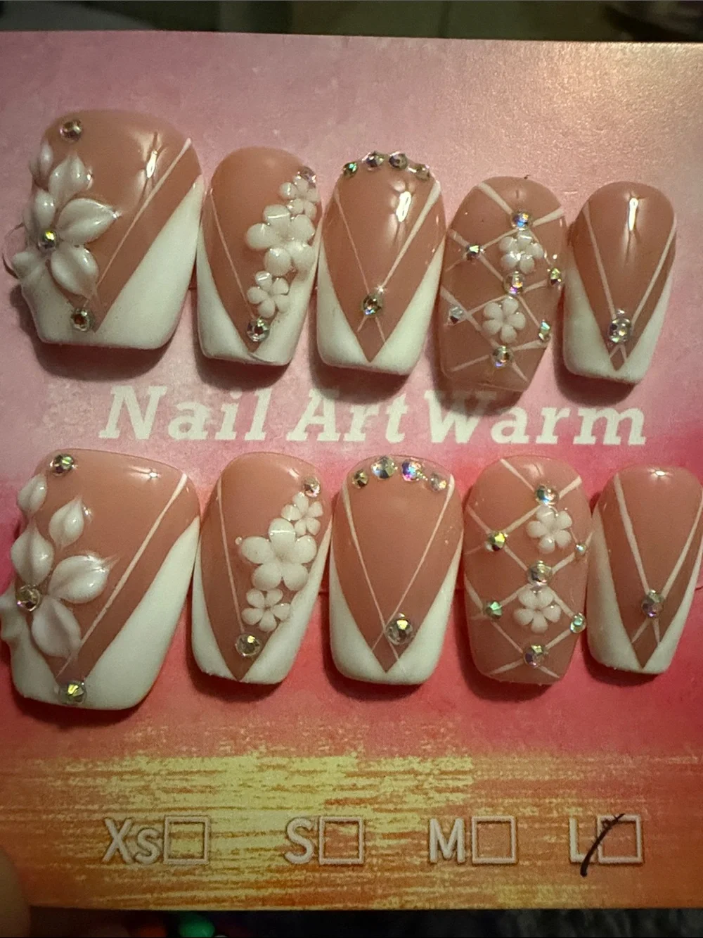 White French Pink Floral handmade acrylic Nail Set with White Accents